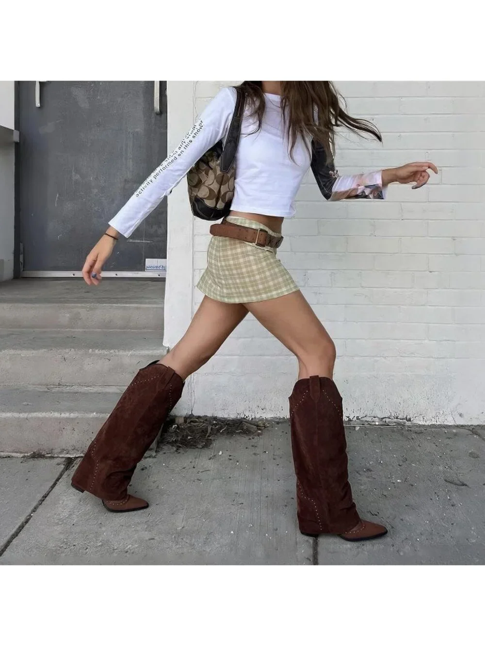 Women's Chocolate Brown Shark Studded Fold Over Knee High Snip Toe Cowgirl Boots